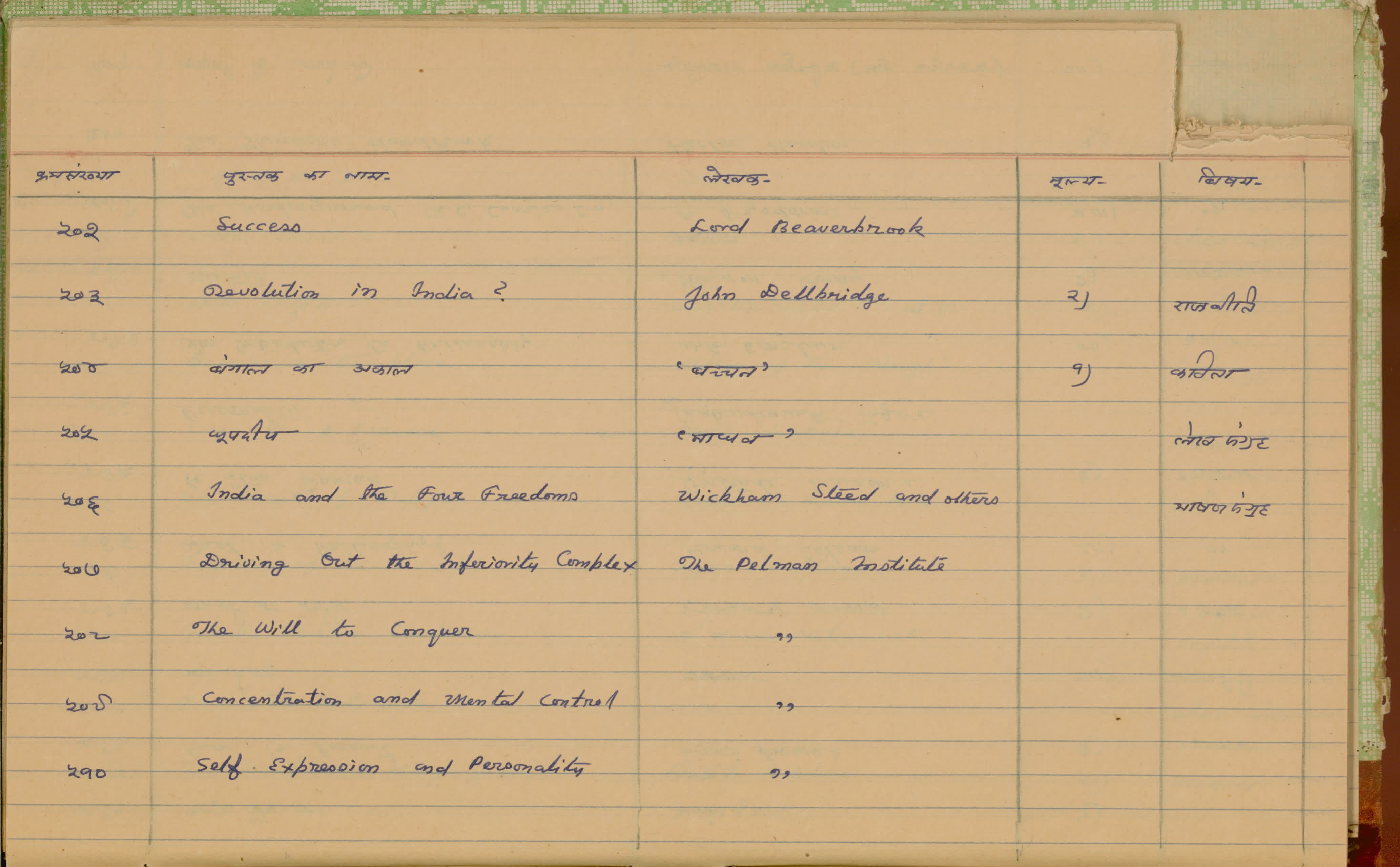 One surviving handwritten Personal Library Register page, 1946–1954