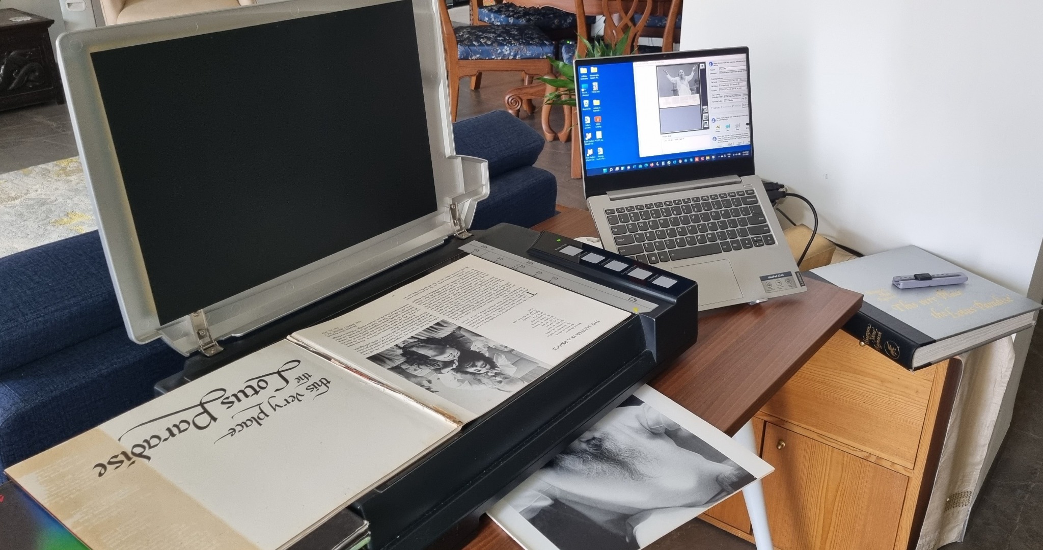 A book being digitised using dedicated scanning equipment